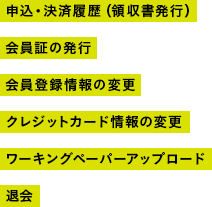 会員登録情報の変更/会員証の発行/申し込み履歴（領収書発行）/退会/クレジットカード情報の変更/ワーキングペーパーアップロード